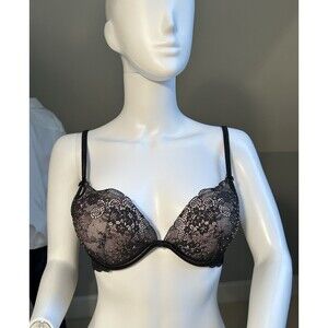 Victoria's Secret Sexy Little Thing Padded Push Up Bra 34C Black Floral Lace